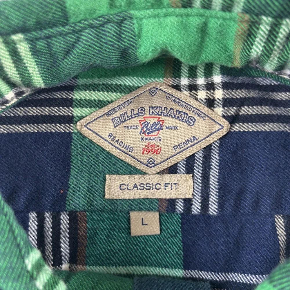Bills‎ Khakis Flannel Shirt Mens Large Green Plaid Cotton Button Up Classic Fit